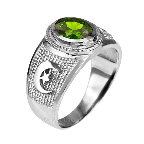 Sterling Silver Crescent Moon Band Islamic Birthstone CZ Ring - Picture 20 of 24