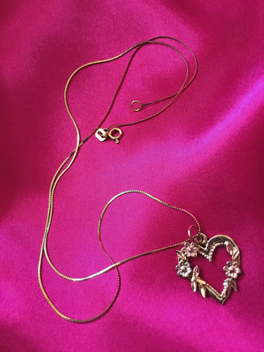 14K YELLOW ROSE GOLD FLOWER HEART NECKLACE Ladies Jewelry Tri Tone VTG 16" chain - Picture 2 of 9