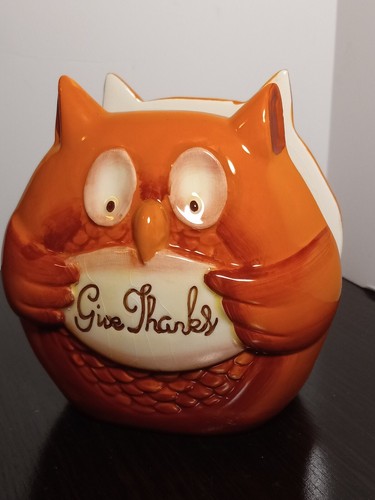 Vintage Owl THANKSGIVING Napkin Holder Ceramic fall harvest decor Give Thanks - Picture 5 of 19
