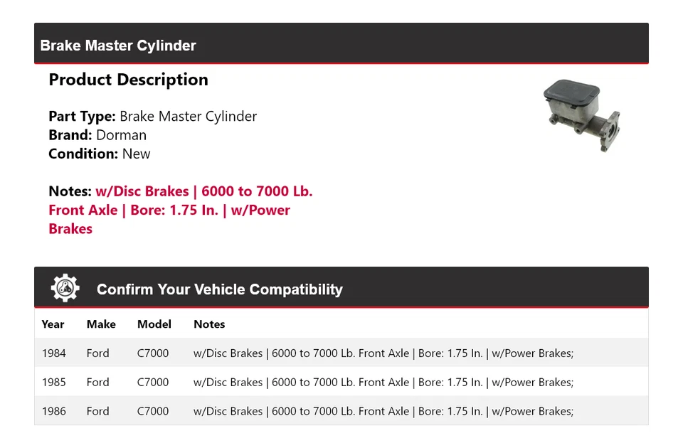 For 1984-1986 Ford C7000 Dorman Brake Master Cylinder 1985 - Image 2 of 4