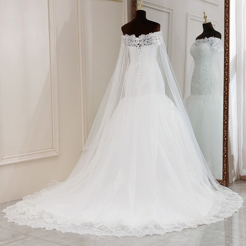Luxury Mermaid Wedding Dresses Boat Neck with Shawl Lace Appliques Bridal Gowns - Picture 3 of 9