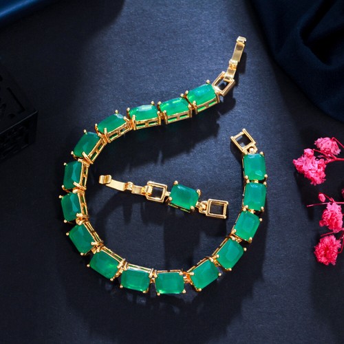 New Rectangle Shape Green Jade Citrine Gems Yellow Gold Chain Women Bracelets - Picture 3 of 6