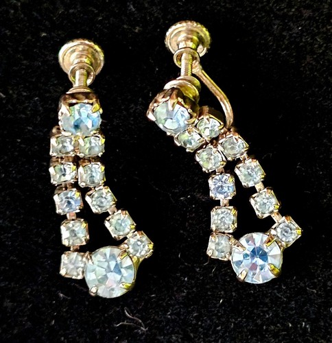 RETRO ERA Dangle Earrings Aquamarine Prong Set Screw Back Silvertone 1950s EUC - Picture 7 of 9