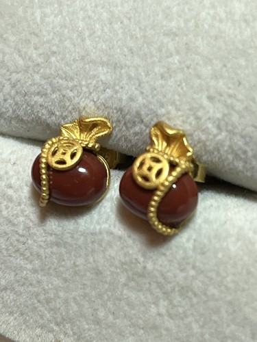 18k Gold über 925 Sterling Silber roter Achat Geldbeutel Geldbörse Glück Ohrringe - Bild 3 von 8