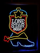 Lone Star Beer Cowboy Boot Rodeo 24"x20" Neon Light Sign Lamp Bar Real Glass Art