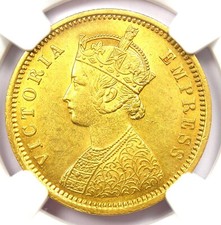 1877-C India Victoria Gold Mohur Coin. Certified NGC Uncirculated Detail UNC MS