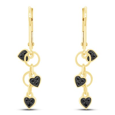 Dangling Heart Drop Earrings Natural Diamond 14K Yellow Gold Plated Silver