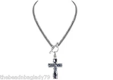 NEW JILZARA Handmade Clay Beads BLACK WHITE CROSS PENDANT Toggle Necklace