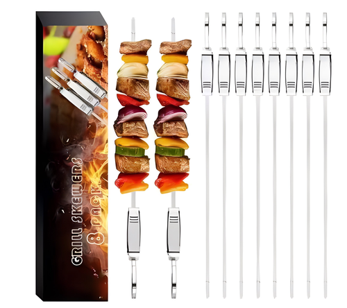 Confezione 8 Spiedini Kebab Shish 17" Flat Grill, BBQ Acciaio Inox con Barra di Spinta - Foto 1 di 6