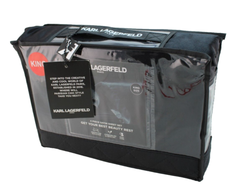 New KARL LAGERFELD King Size Black Satin 4 Piece Luxury Soft Sheet Set - Picture 4 of 4