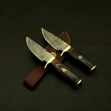 HAND FORGED DAMASCUS 6" HUNTING/SKINNING Lot Of 2 KNIFE/PAKKA/WOOD/BRASS