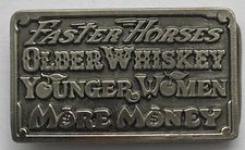 VINTAGE 1977 The Great American Belt Buckle Co Chicago faster horses More Money