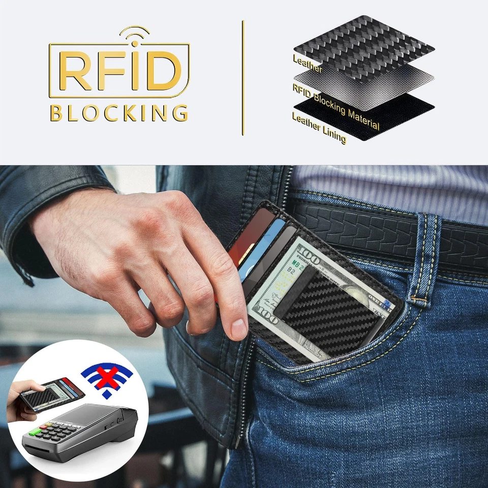 Money Clip for Men Carbon Fiber Clip Wallet Leather Slim Minimalist RFID Bloc... - Image 3 of 4