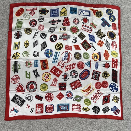 Vintage Railroad Patch Scarf Made in Japan Train Collectible 28" Acetate Japan - Picture 1 of 9