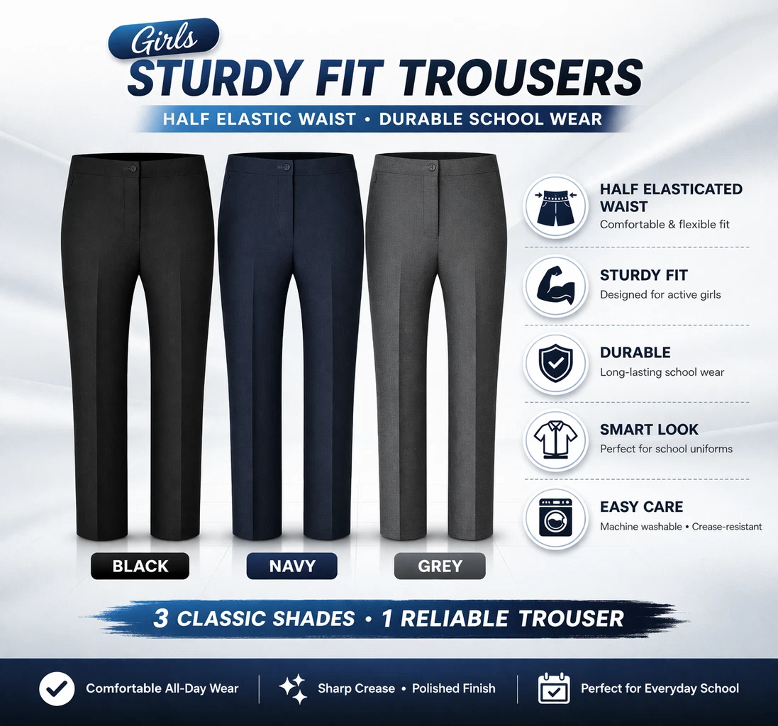 Girls Sturdy Fit Trousers Half Elastic Waist Durable School Wear