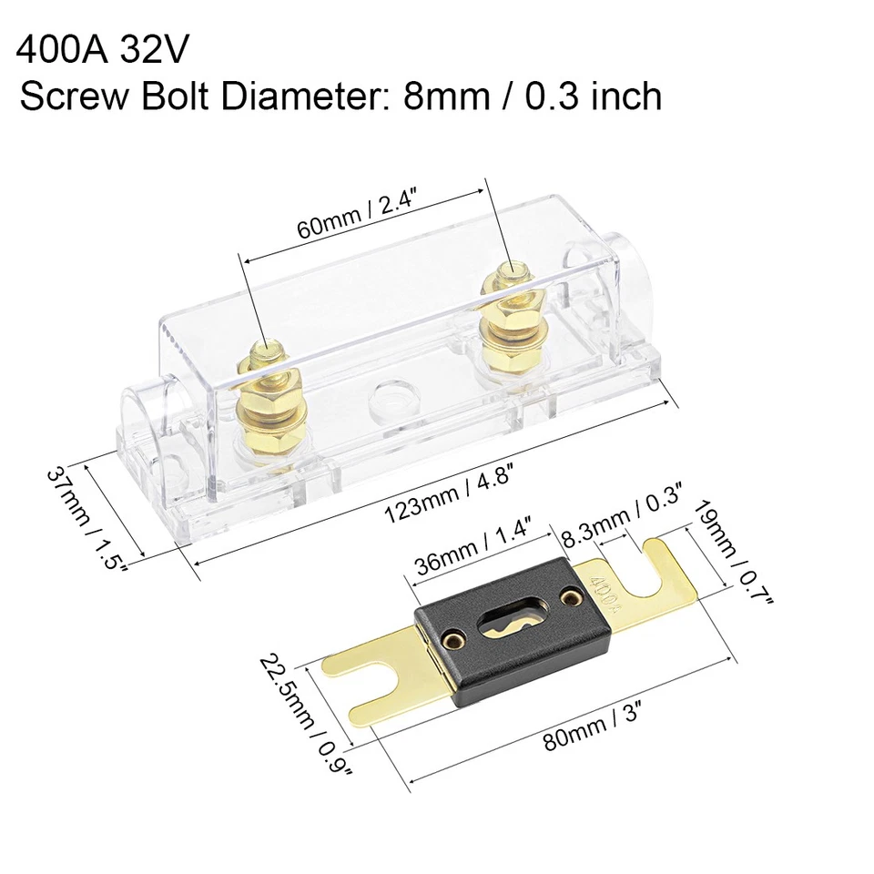 ANL Fuse Holder with 400 Amp Fuse DC 32 Volt Audio Amplifier Inverter 2pcs Foto 2 de 3
