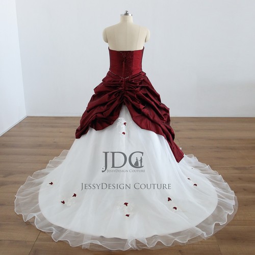 Top ruched wedding dress wedding dress burgundy ivory 32-60 lace up 3D flowers - Picture 5 of 13