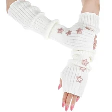 Knitting Y2K White Arm Warmers, Long-Sleeve Gloves for Women and Girls, 