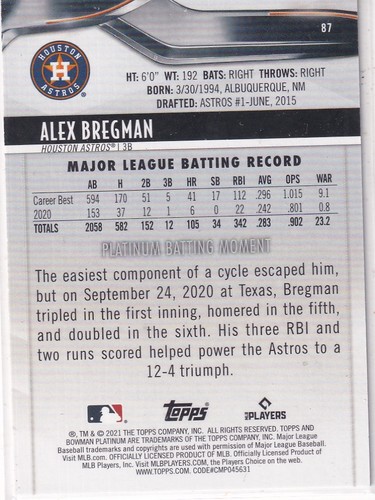 2021 Bowman Platinum #87 Alex Bregman Green #/99 - Picture 2 of 2