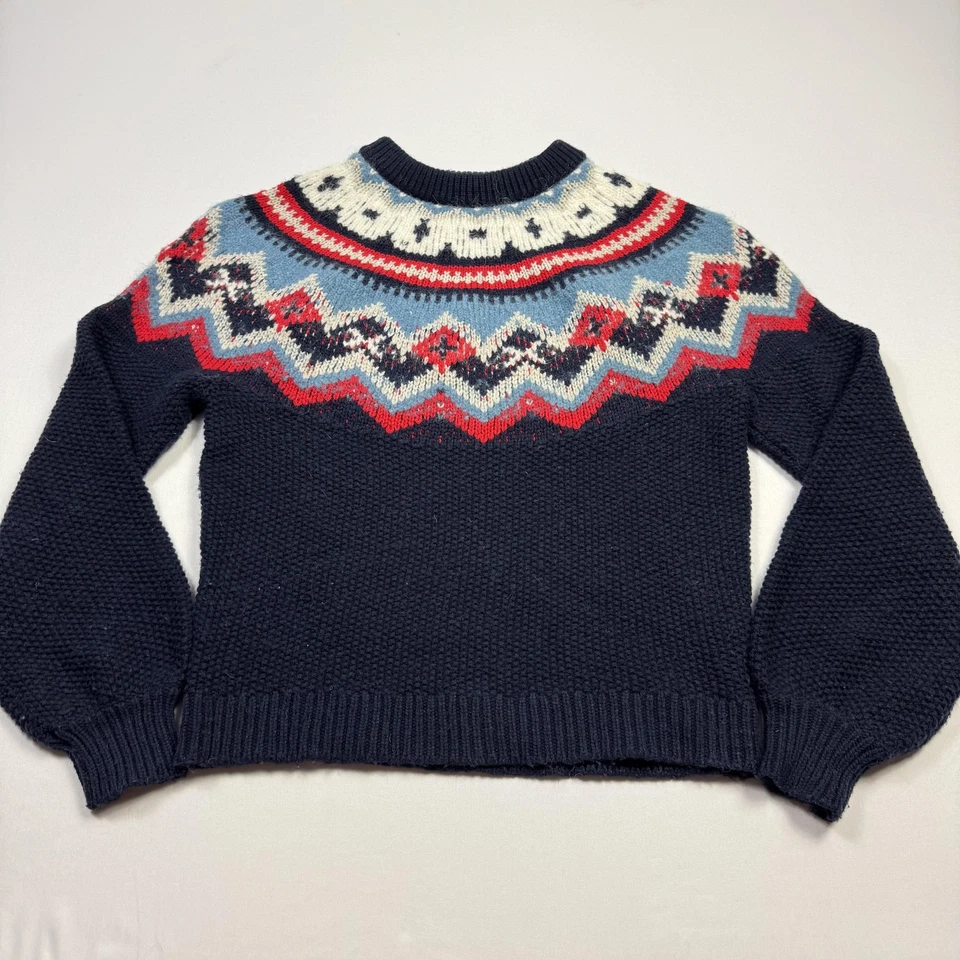 J.Crew Sweater Womens Medium Navy Fair Isle Yoke Crewneck Wool Blend Nordic - Image 2 of 4