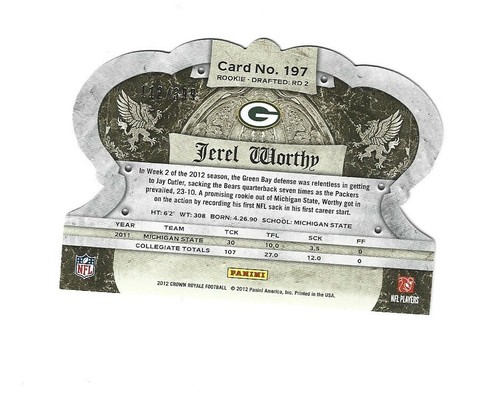 2012 Crown Royale #197 Jerel Worthy RC /399 GREEN BAY PACKERS - Bild 2 von 2