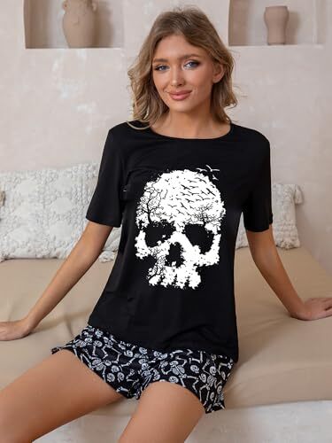 Women Cute Pajamas Short Sleeve Tops and Shorts Pajamas Set X-Large Black3 - Picture 4 of 8