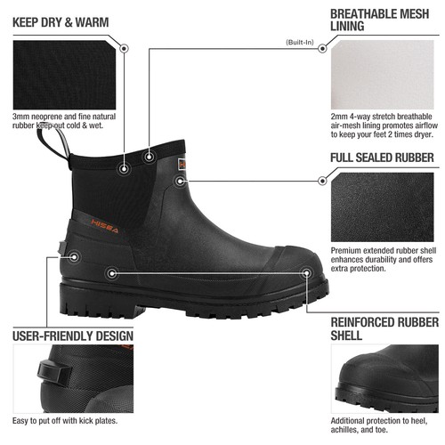 HISEA Men Ankle Chelsea Rain Boots Waterproof Insulated Non-Slip Mud Work Bootie - Picture 26 of 62