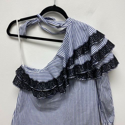 Veronica Beard Womens Blue Pinstriped Isla Ruffle Lace Trim One Shoulder Top 10 - Picture 7 of 10