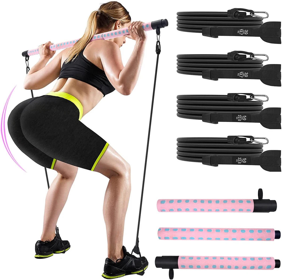 Pilates Bar Kit with 4 Resistance Bands, 3 Section Adjustable Yoga Pilates  Stick