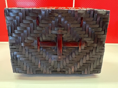 Vintage Red Shibori Takekago Bamboo Basket Kinchaku Drawstring Handbag Pouch - Picture 8 of 9