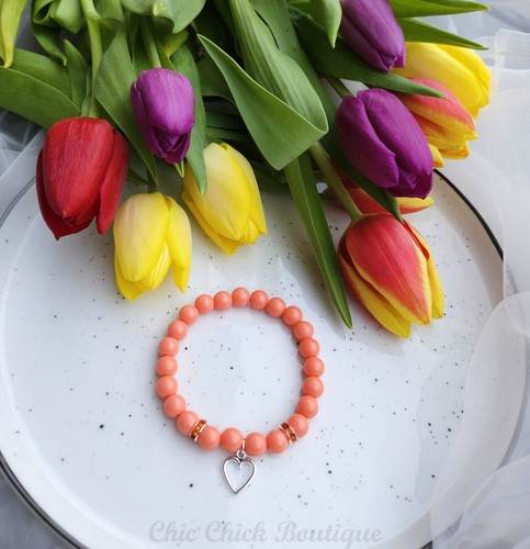 Handmade "Coral Crystals" Beaded Bracelet with Tibetan Silver Heart Charm Spring - Picture 3 of 13