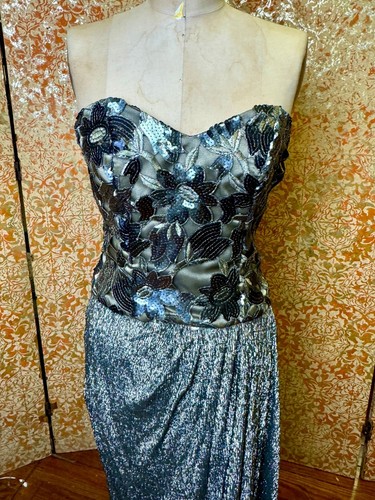 Vintage Victor Costa Silver Strapless Gown M - Picture 5 of 9