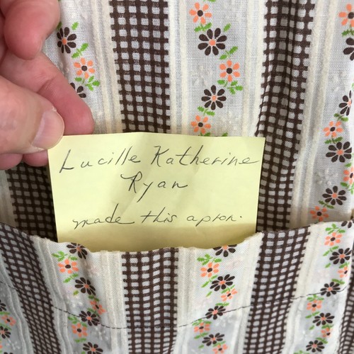 Vintage Apron Handmade One Size Cream Brown Striped Floral Tie Waist 70s - Picture 5 of 11