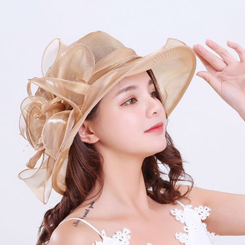 Women's Organza Church Fascinator Wedding Tea Party Derby Hats Wide Brim Sun Hat - Picture 12 of 41