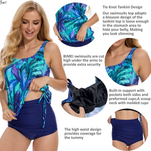 BIMEI Women's Mastectomy Swimwear Tankini Top Hiding Side Tie Shorts with Brief - Picture 7 of 31