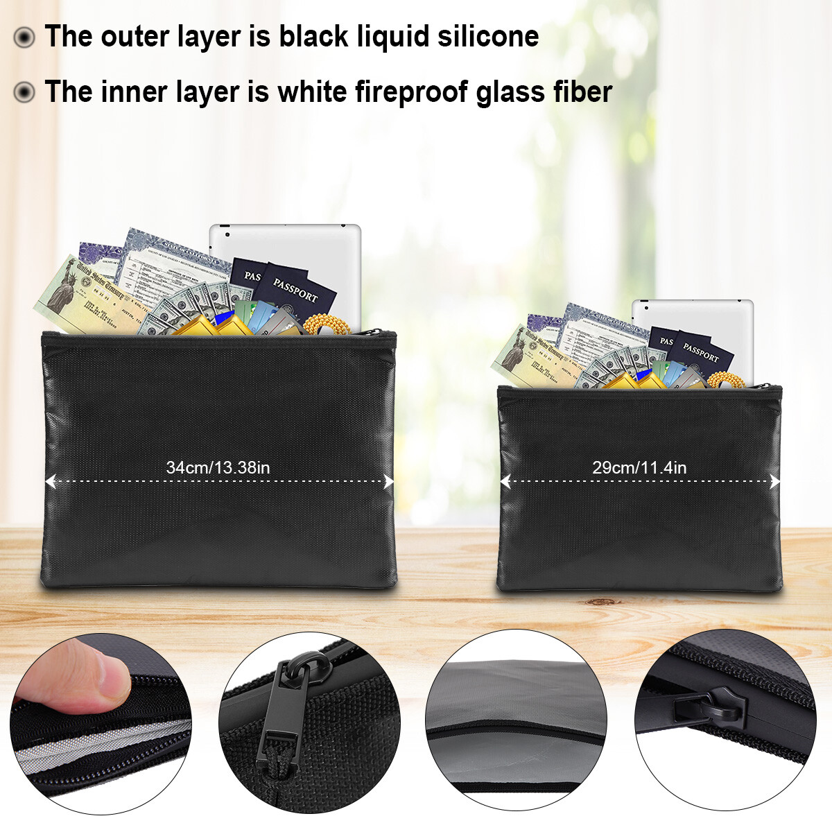 Fireproof & Waterproof Document Pouch - 12” X 9.5”, Silicone Coated, For Cash & Valuables