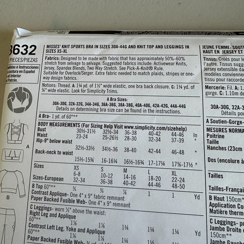 Simplicity Pattern 8632 Sz 6-24 Knit Sports Bra 30A-44G Top Leggings Gym - Picture 5 of 6