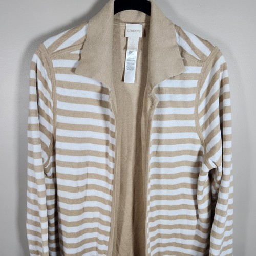 Chicos Cardigan Pullover Damen 2 große beige gestreifte lange Staubjacke nautisch - Bild 2 von 10