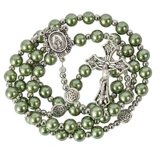 Green Pearl Beads Rosary Catholic Necklace Miraculous Medal Cross Crucifix