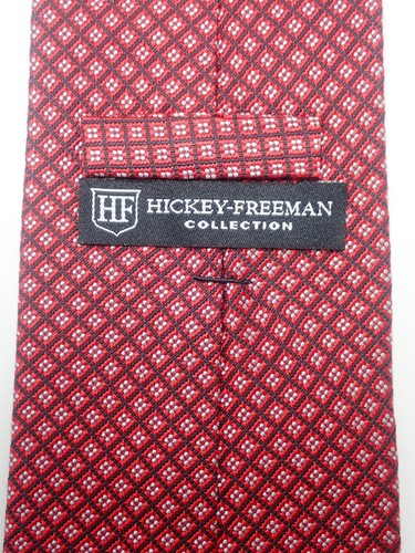 HICKEY FREEMAN BLACK w/ RED & GRAY MICRO CHECK GEOMETRIC 100% SILK NECK TIE - Picture 2 of 10
