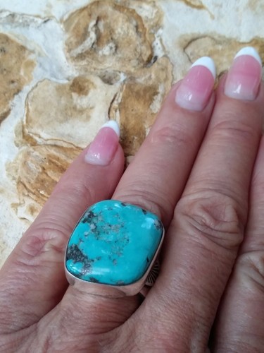 Size 8 Navajo Candelaria Turquoise &Sterling Silver Ring By Herman Vandever Ring - Imagen 3 de 12