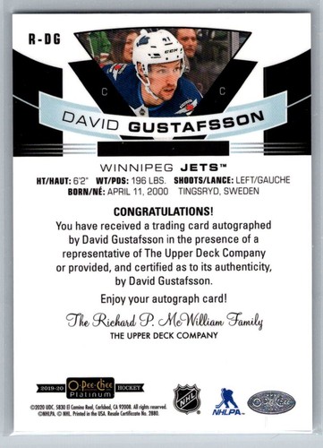 2019 O-Pee-Chee Platinum #R-DG David Gustafsson Rookie Auto RC - Picture 2 of 2