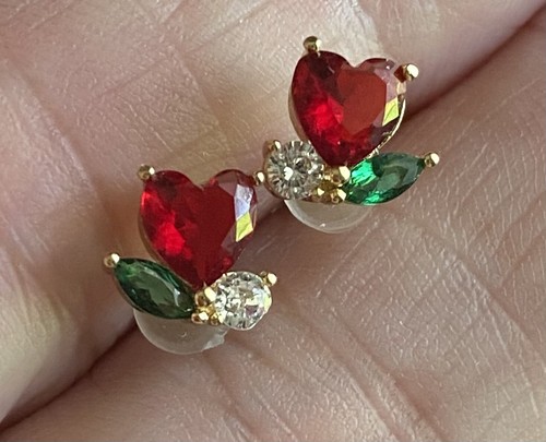 Ohrringe goldfarben rot grün klar Strass Herz Blume Ohrstecker - Bild 2 von 4