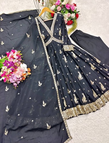 Function & Party Wear Black Chinnon Silk Salwar Kameez With Dupatta For Women - Picture 4 of 11