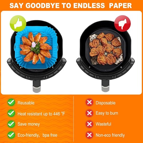 2 Square Silicone Air Fryer Liners - 8 Inch Reusable Pot Inserts for 4-7 QT Air - Picture 3 of 7