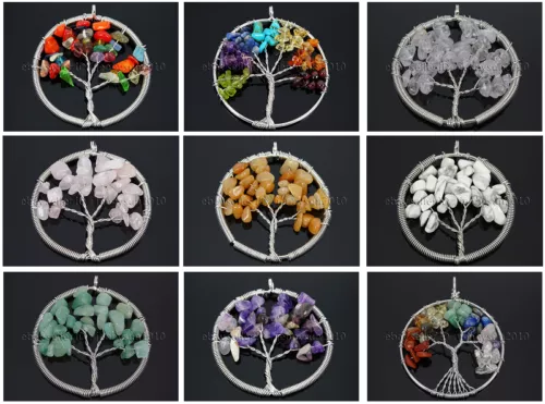 Natural Gemstone Reiki Chakra Chip Bead Tree of Life Pendant Charm Silver Plated