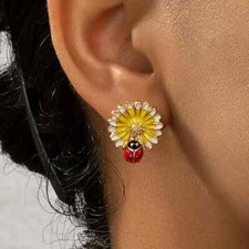 Cute Ladybug Floral Stud Earrings Golden Toned Unique Fashion Jewelry Gift