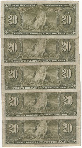 Bank of Canada 1937 $20 Dollars Lot of 5 Vintage Notes King George VI $100 Face - Picture 2 of 2