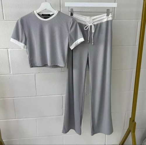 New Ladies Short Sleeves Ribbed Contrast Crop Top and Flared Trouser Set UK8-18 - Picture 10 of 13