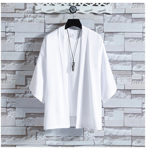 Cardigan uomo etnico kimono cappotto giacca manica 3/4 top retrò cotone lino quotidiano - Foto 6 di 25